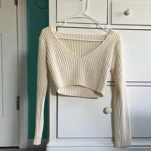 Cream Ribbed Knit Cropped Sweater
